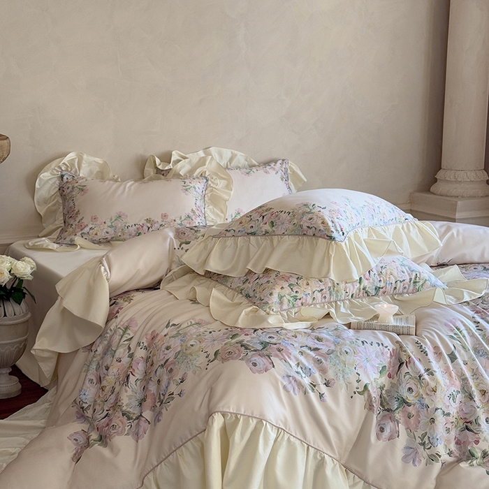 91家纺网 家纺一手货源 找家纺 优然居家纺 2025新款大版印花印花法式嵌绳大花边四件套 安娜-奶昔色