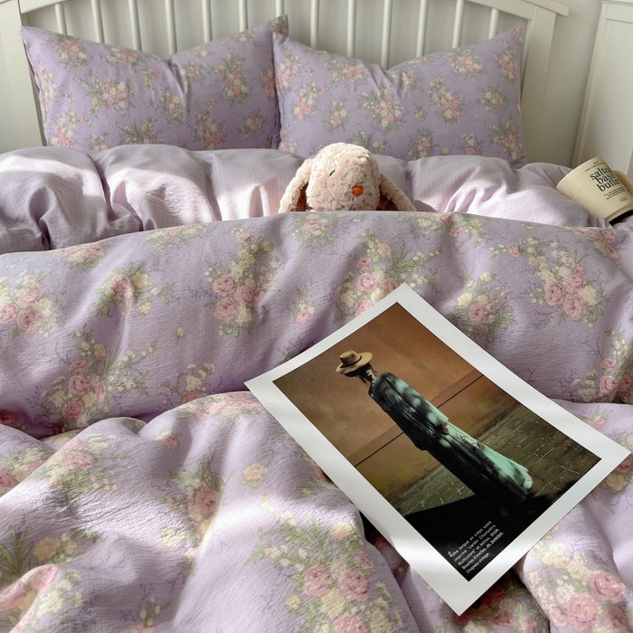 91家纺网 家纺一手货源 找家纺 繁花家居 2025学生季第二波木棉水洗棉四件套三件套跑量款 紫黛花