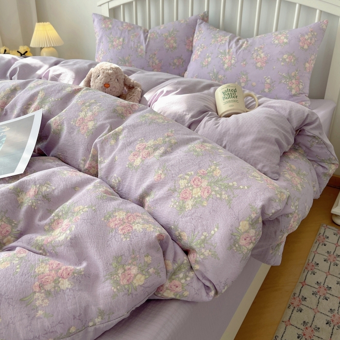 91家纺网 家纺一手货源 找家纺 繁花家居 2025学生季第二波木棉水洗棉四件套三件套跑量款 紫黛花