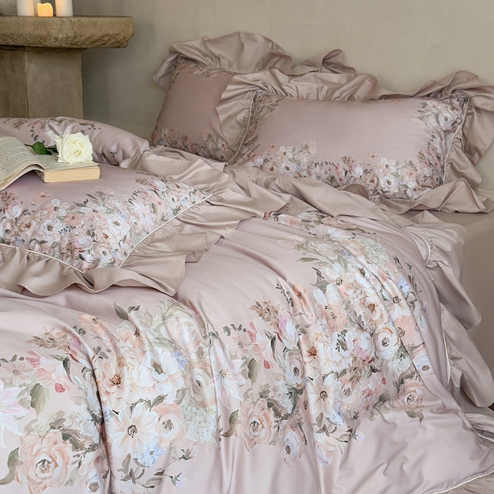 优然居家纺 2025新款大版印花印花法式嵌绳大花边四件套 安娜粉