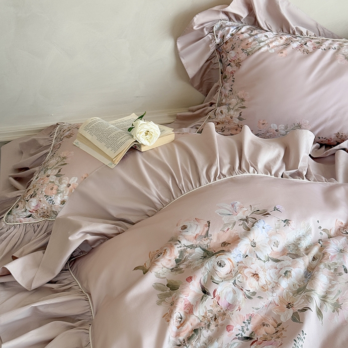 91家纺网 家纺一手货源 找家纺 优然居家纺 2025新款大版印花印花法式嵌绳大花边四件套 安娜粉