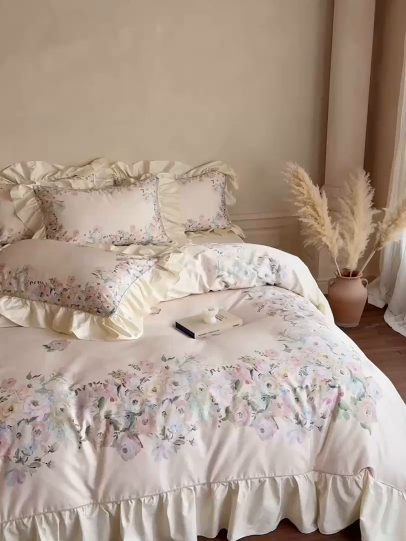 91家纺网 家纺一手货源 找家纺 （总）优然居家纺 2025新款大版印花印花法式嵌绳大花边四件套