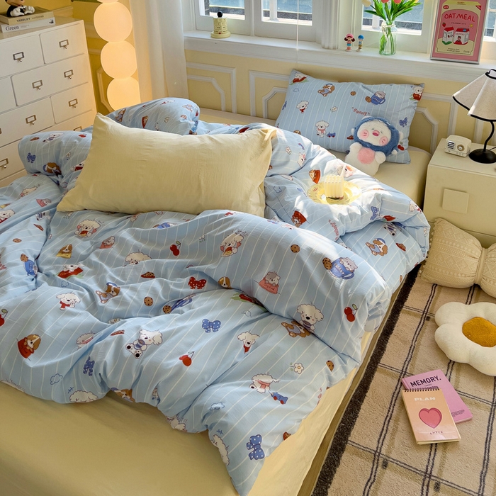 91家纺网 家纺一手货源 找家纺 水墨江南 2025新款超柔水洗棉印花四件套 调皮狗