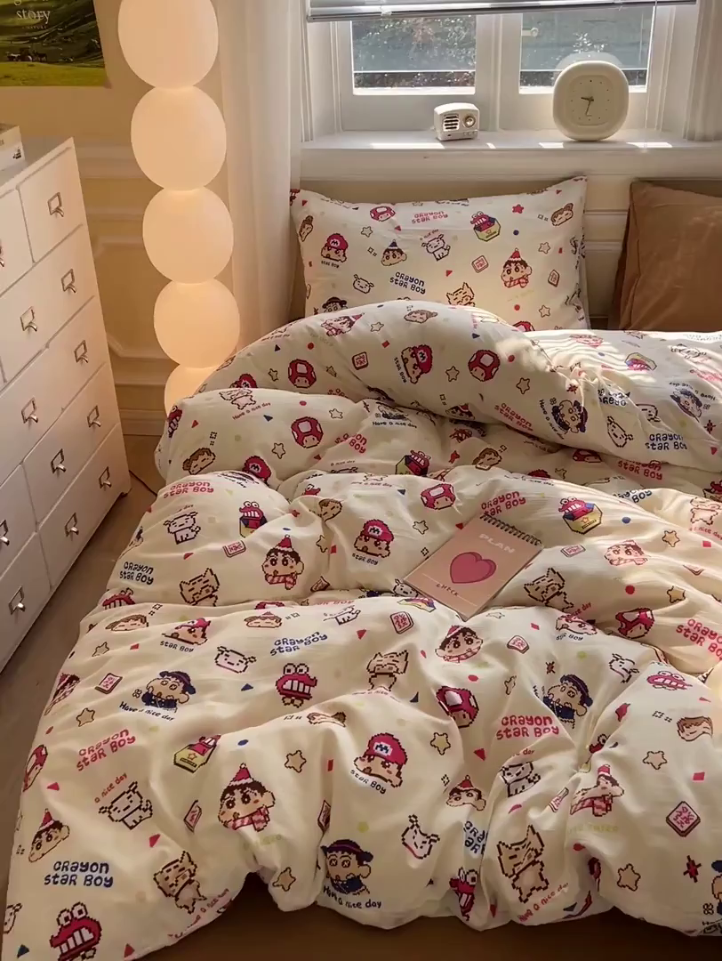 91家纺网 家纺一手货源 找家纺 水墨江南 2025新款超柔水洗棉印花四件套 动感小新