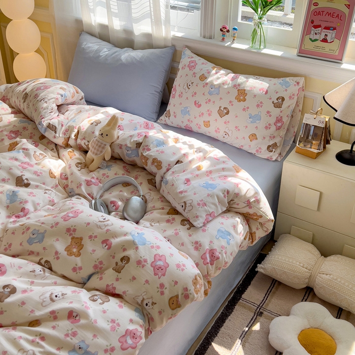 91家纺网 家纺一手货源 找家纺 水墨江南 2025新款超柔水洗棉印花四件套 动物乐园