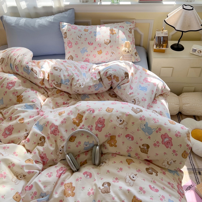 91家纺网 家纺一手货源 找家纺 水墨江南 2025新款超柔水洗棉印花四件套 动物乐园