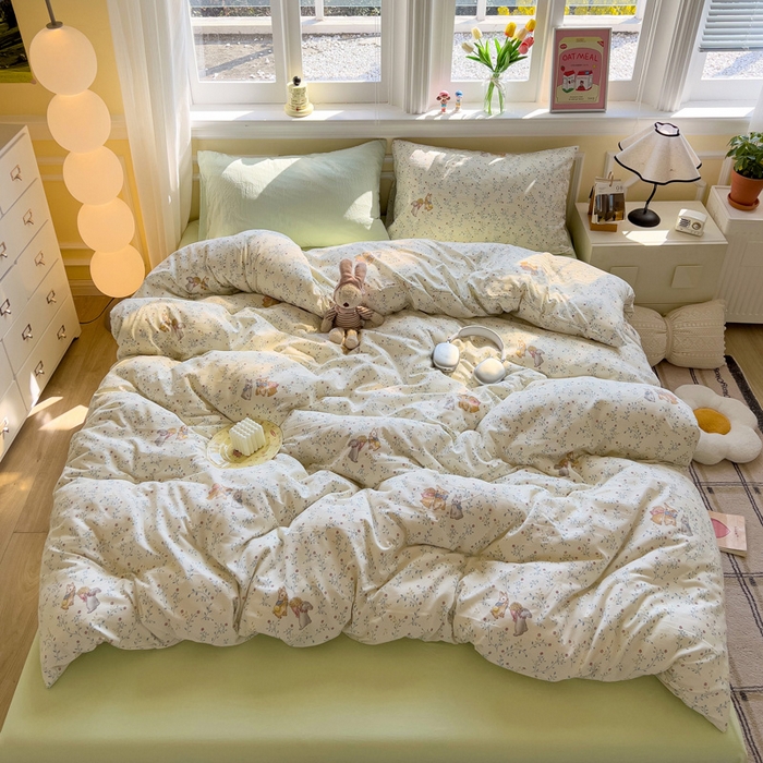 91家纺网 家纺一手货源 找家纺 水墨江南 2025新款超柔水洗棉印花四件套 花小兔