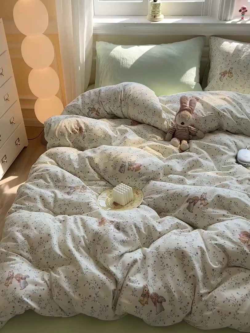 91家纺网 家纺一手货源 找家纺 水墨江南 2025新款超柔水洗棉印花四件套 花小兔