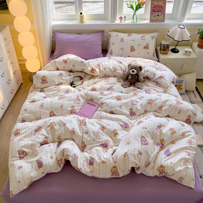 91家纺网 家纺一手货源 找家纺 水墨江南 2025新款超柔水洗棉印花四件套 茄子小熊