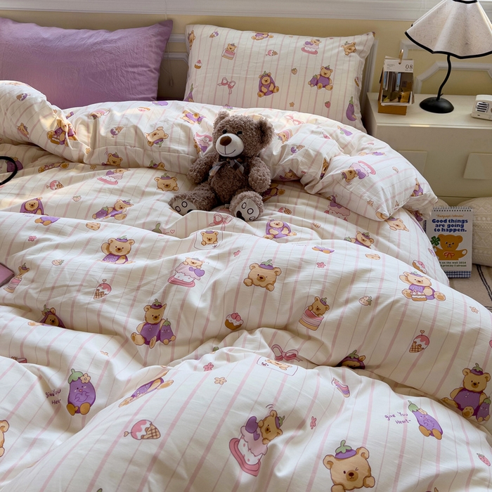 91家纺网 家纺一手货源 找家纺 水墨江南 2025新款超柔水洗棉印花四件套 茄子小熊