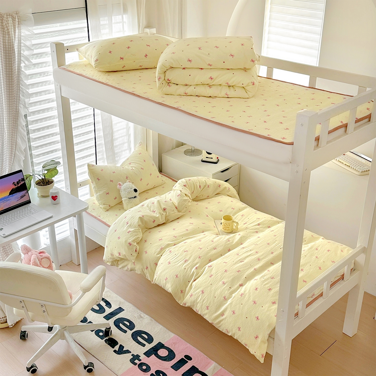 美梦家纺2025新款木棉皱皱纱学生床盖四件套 相思粉