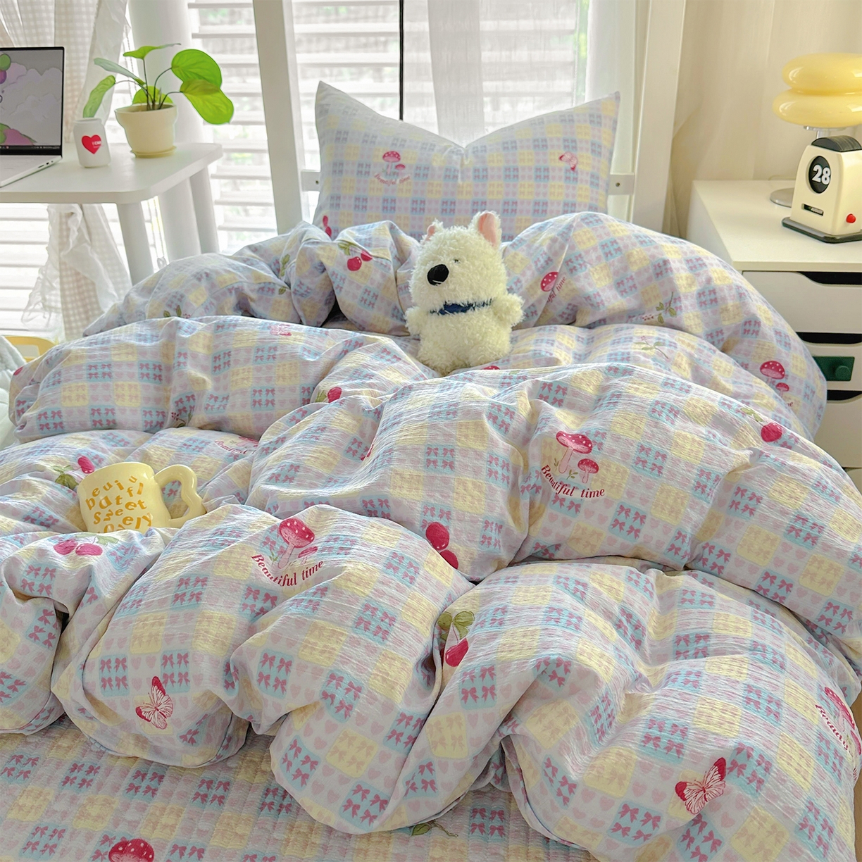 91家纺网 家纺一手货源 找家纺 美梦家纺2025新款木棉皱皱纱学生床盖四件套 森田园野