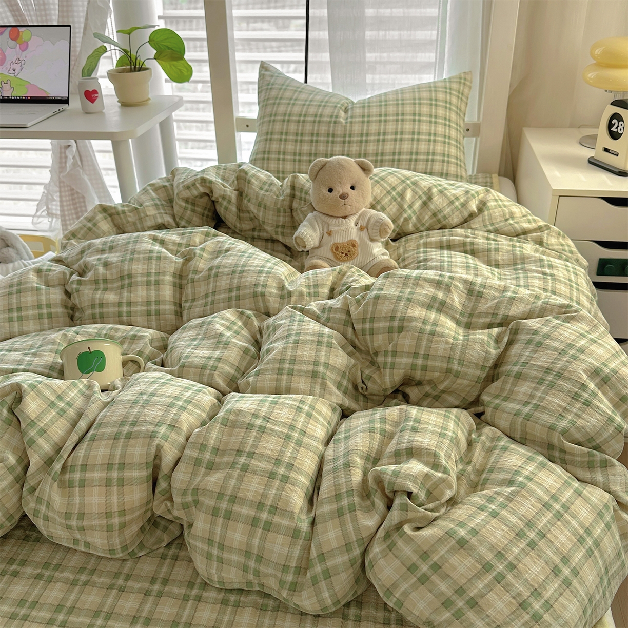 91家纺网 家纺一手货源 找家纺 美梦家纺2025新款木棉皱皱纱学生床盖四件套 松野