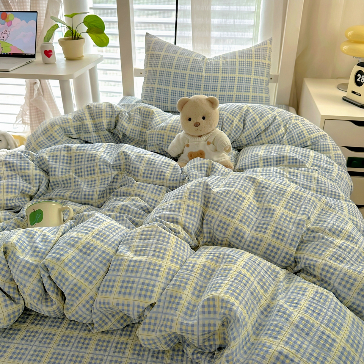 91家纺网 家纺一手货源 找家纺 美梦家纺2025新款木棉皱皱纱学生床盖四件套 银河