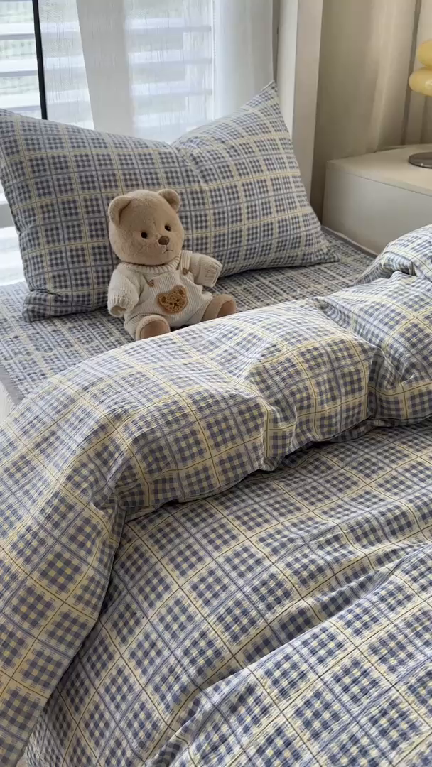 91家纺网 家纺一手货源 找家纺 美梦家纺2025新款木棉皱皱纱学生床盖四件套 银河