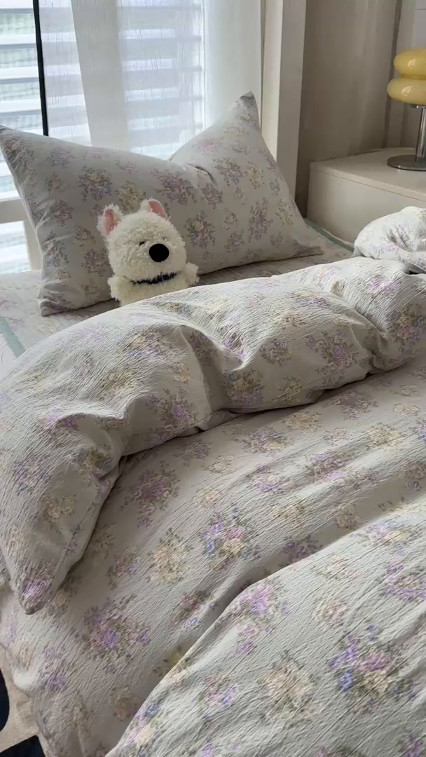 91家纺网 家纺一手货源 找家纺 美梦家纺2025新款木棉皱皱纱学生床盖四件套 茉莉清风