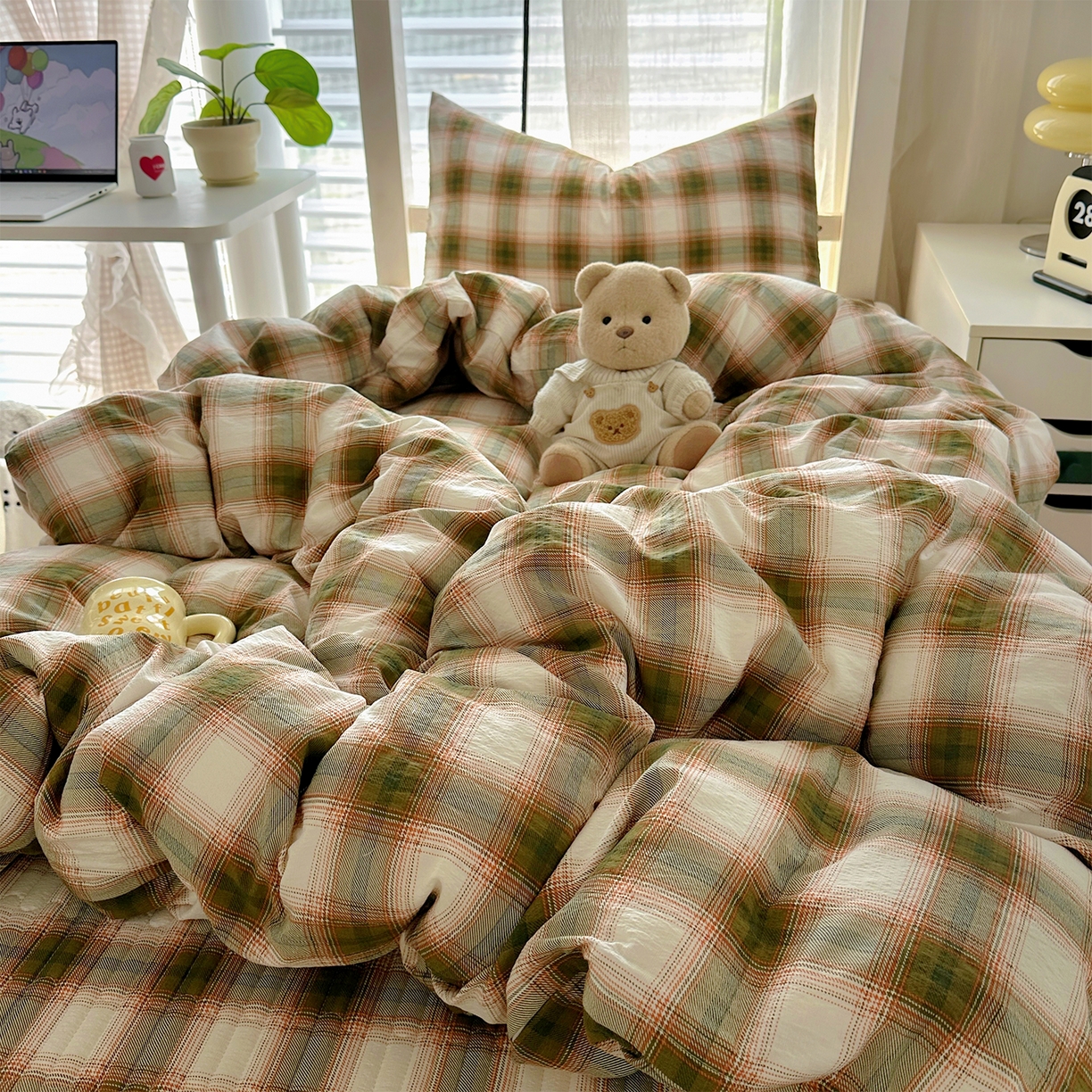 91家纺网 家纺一手货源 找家纺 美梦家纺2025新款木棉皱皱纱学生床盖四件套 葵野