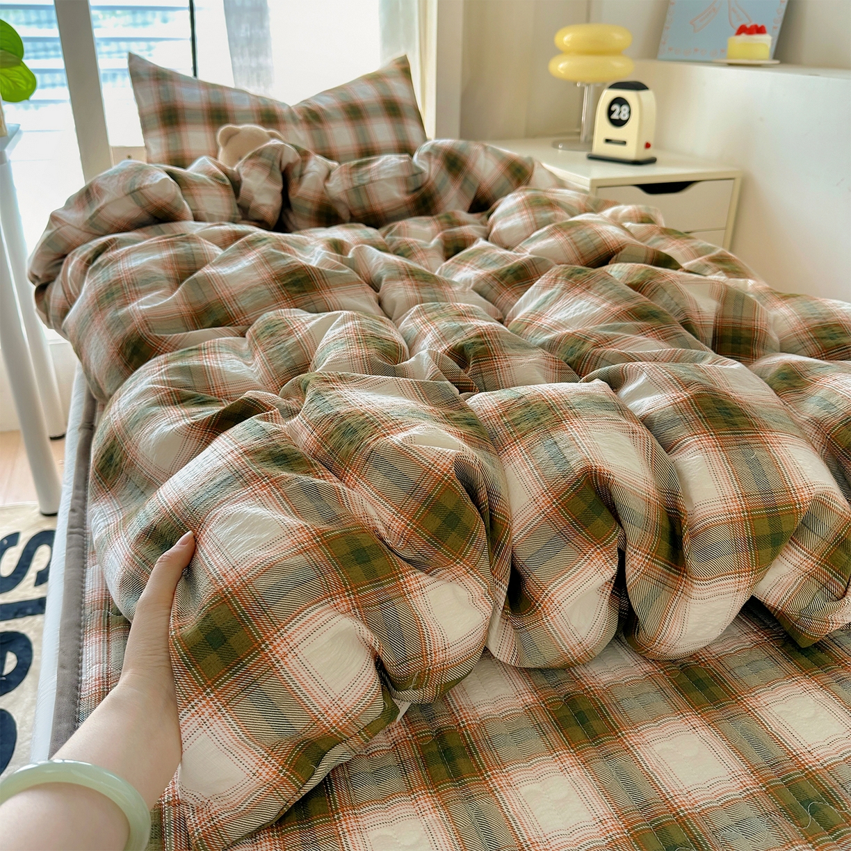 91家纺网 家纺一手货源 找家纺 美梦家纺2025新款木棉皱皱纱学生床盖四件套 葵野