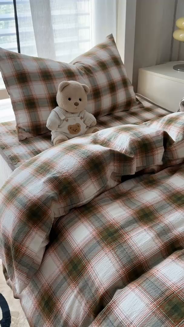 91家纺网 家纺一手货源 找家纺 美梦家纺2025新款木棉皱皱纱学生床盖四件套 葵野