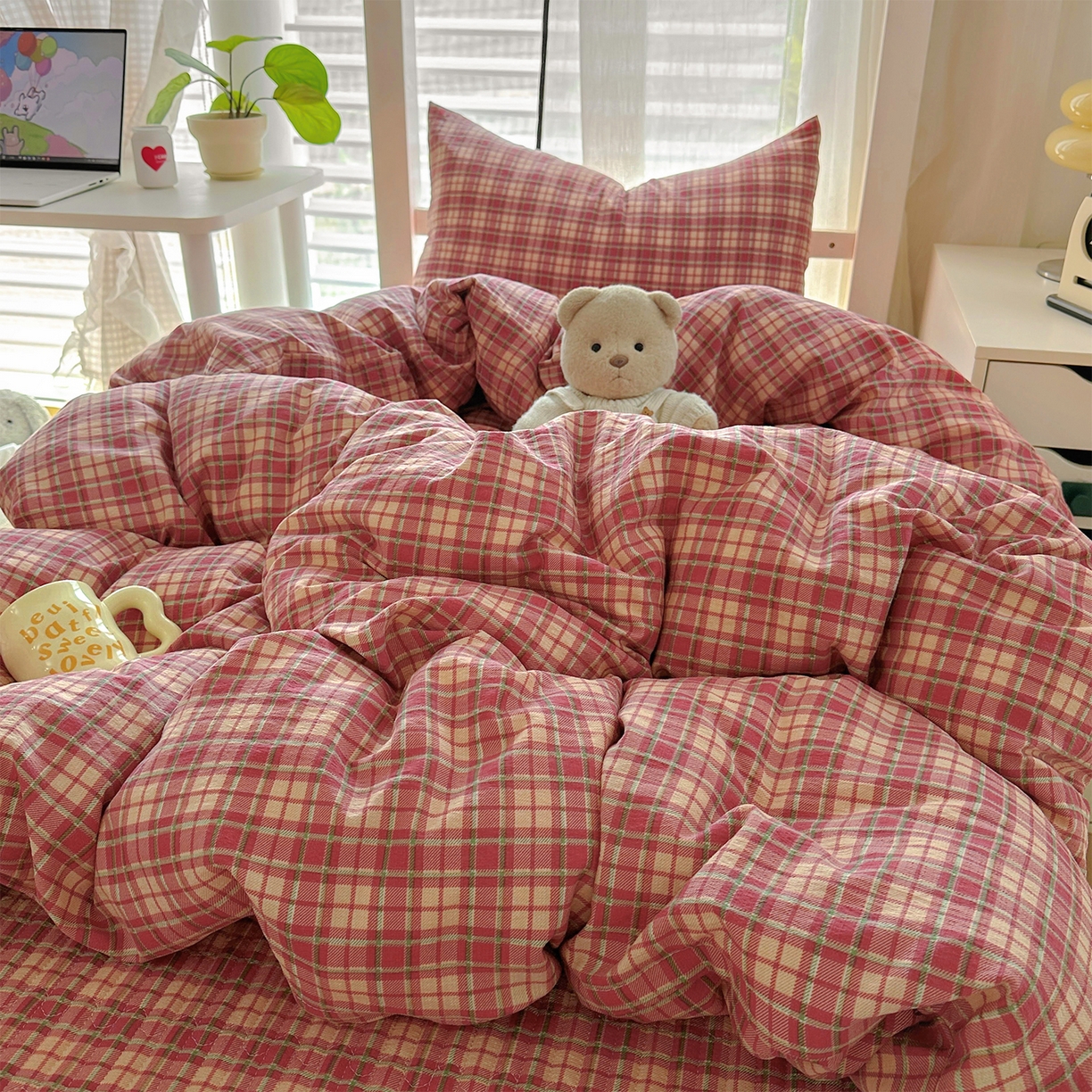 91家纺网 家纺一手货源 找家纺 美梦家纺2025新款木棉皱皱纱学生床盖四件套 圣诞