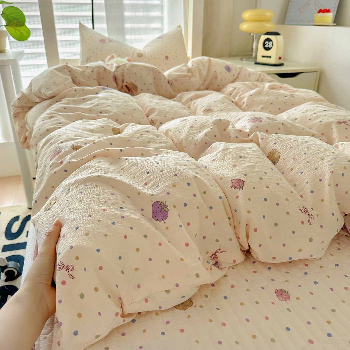 91家纺网 家纺一手货源 找家纺 美梦家纺2025新款木棉皱皱纱学生床盖四件套 点点莓果