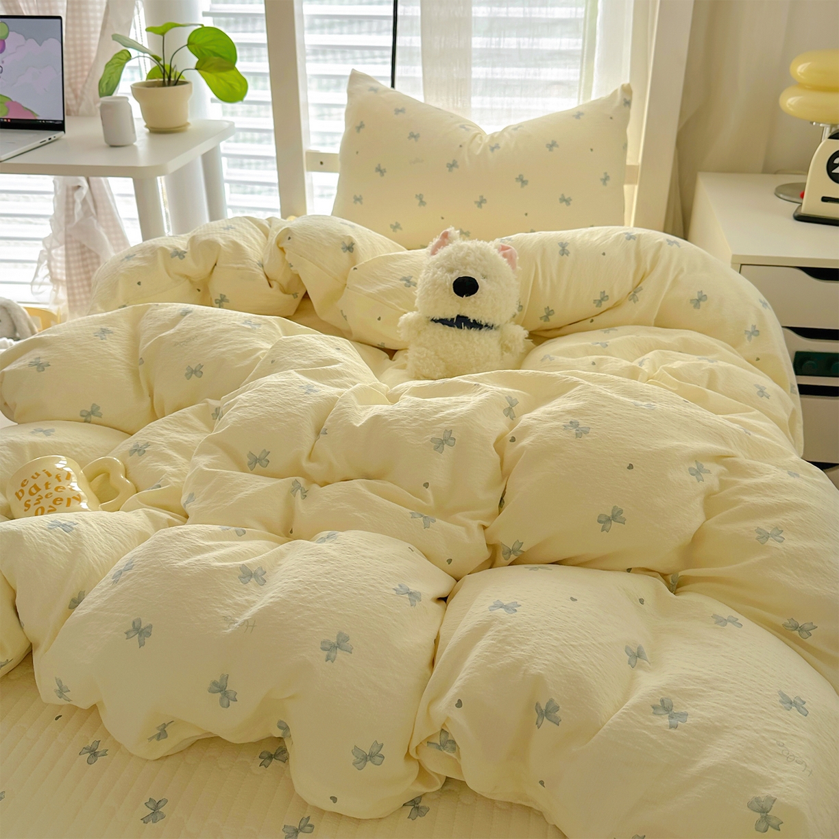 91家纺网 家纺一手货源 找家纺 美梦家纺2025新款木棉皱皱纱学生床盖四件套 相思兰