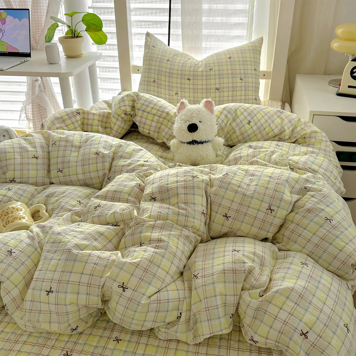 91家纺网 家纺一手货源 找家纺 美梦家纺2025新款木棉皱皱纱学生床盖四件套 格调蝴蝶结