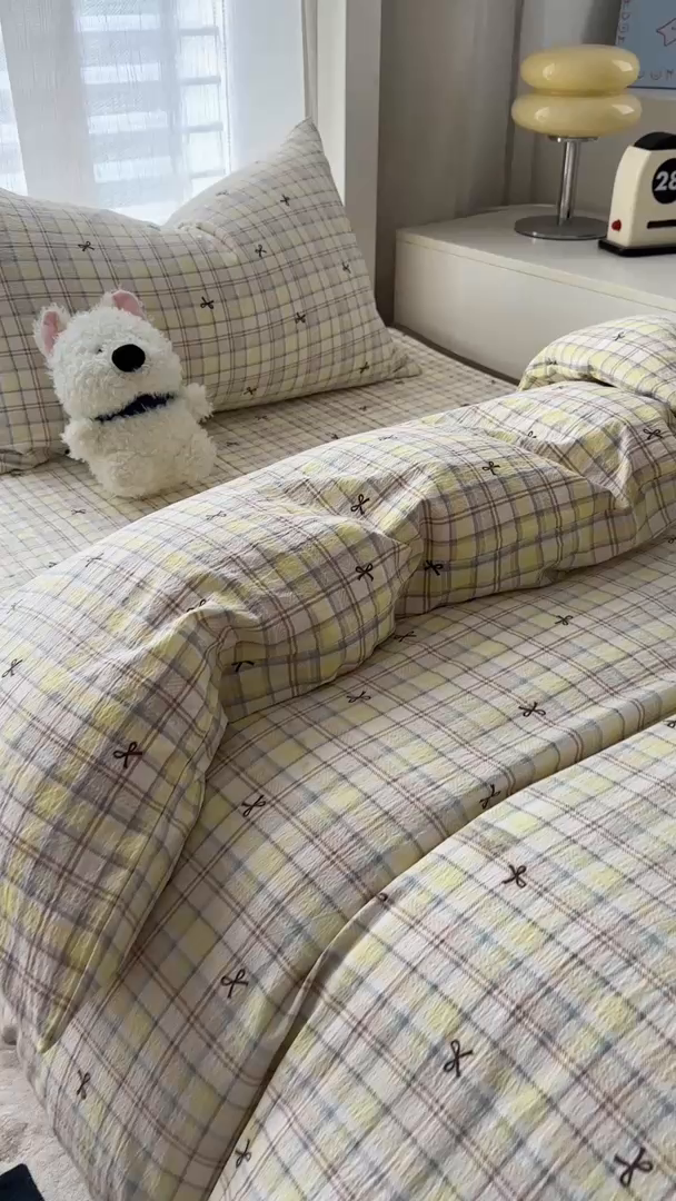 91家纺网 家纺一手货源 找家纺 美梦家纺2025新款木棉皱皱纱学生床盖四件套 格调蝴蝶结