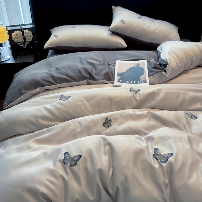 91家纺网 家纺一手货源 找家纺 红嘴企鹅2025新款幻影冰丝四件套-蝴蝶系列 幻影-灰色