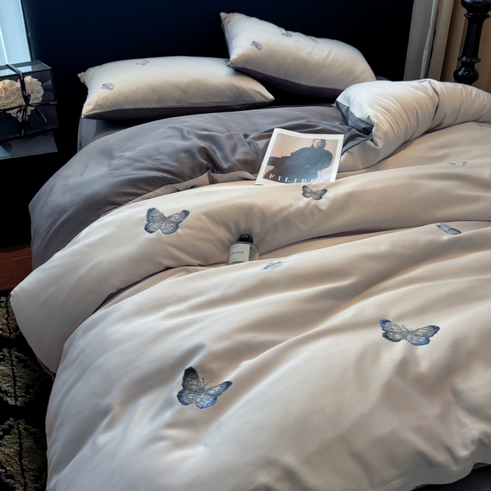 91家纺网 家纺一手货源 找家纺 红嘴企鹅2025新款幻影冰丝四件套-蝴蝶系列 幻影-灰色