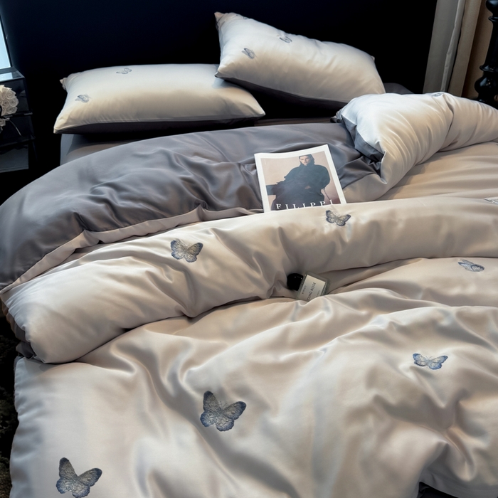 91家纺网 家纺一手货源 找家纺 红嘴企鹅2025新款幻影冰丝四件套-蝴蝶系列 幻影-灰色