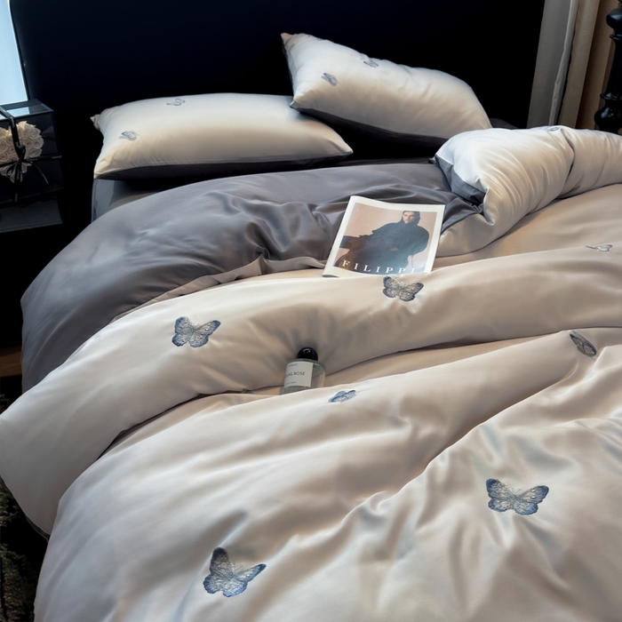 91家纺网 家纺一手货源 找家纺 红嘴企鹅2025新款幻影冰丝四件套-蝴蝶系列 幻影-灰色