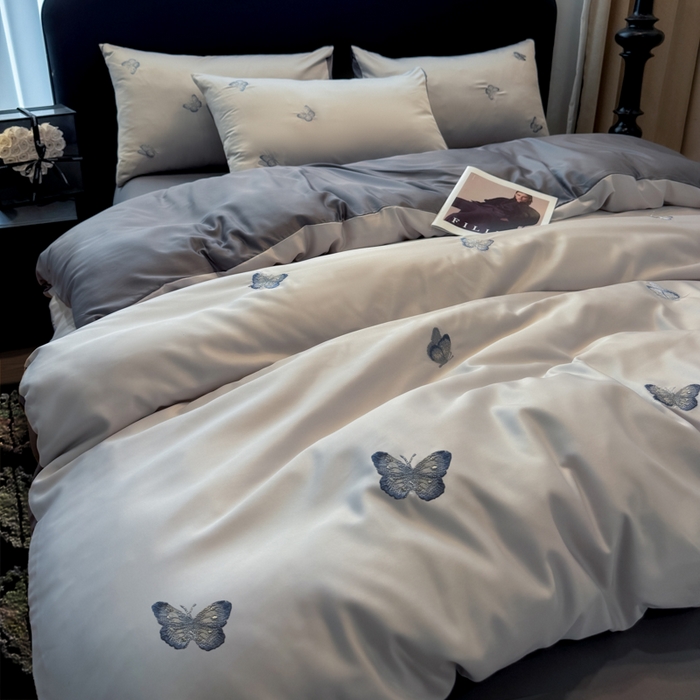 91家纺网 家纺一手货源 找家纺 红嘴企鹅2025新款幻影冰丝四件套-蝴蝶系列 幻影-灰色