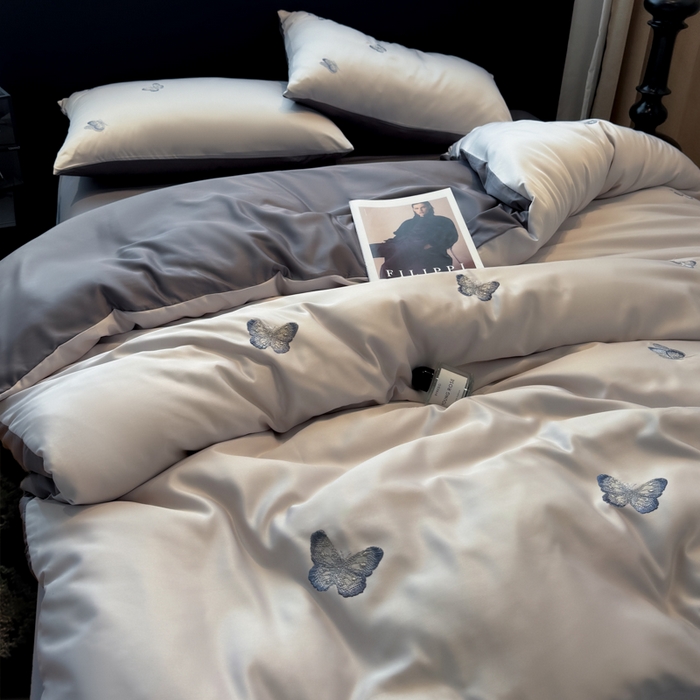 91家纺网 家纺一手货源 找家纺 红嘴企鹅2025新款幻影冰丝四件套-蝴蝶系列 幻影-灰色