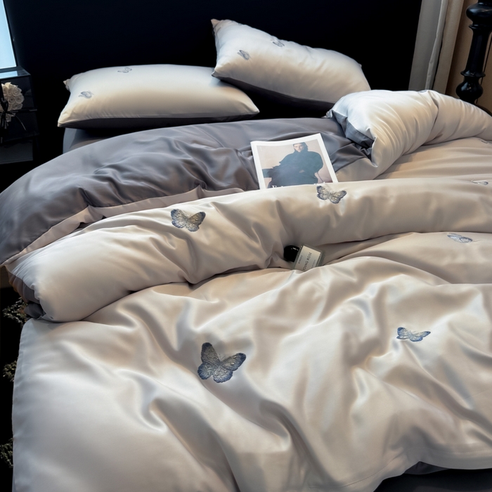 91家纺网 家纺一手货源 找家纺 红嘴企鹅2025新款幻影冰丝四件套-蝴蝶系列 幻影-灰色