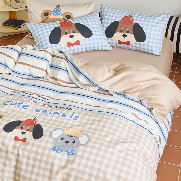 91家纺网 家纺一手货源 找家纺 RYB红黄兰 开学季2025新款ins设计师原创13372大版卡通数码印花40s全棉纯棉三件套四件套 趣味小伙伴