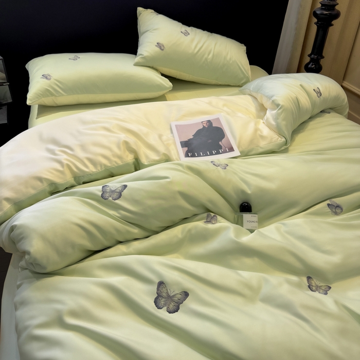 91家纺网 家纺一手货源 找家纺 红嘴企鹅2025新款幻影冰丝四件套-蝴蝶系列 幻影-清新绿