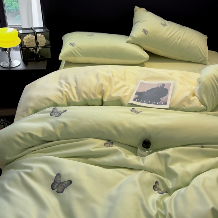 91家纺网 家纺一手货源 找家纺 红嘴企鹅2025新款幻影冰丝四件套-蝴蝶系列 幻影-清新绿