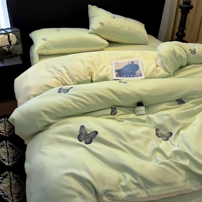 91家纺网 家纺一手货源 找家纺 红嘴企鹅2025新款幻影冰丝四件套-蝴蝶系列 幻影-清新绿