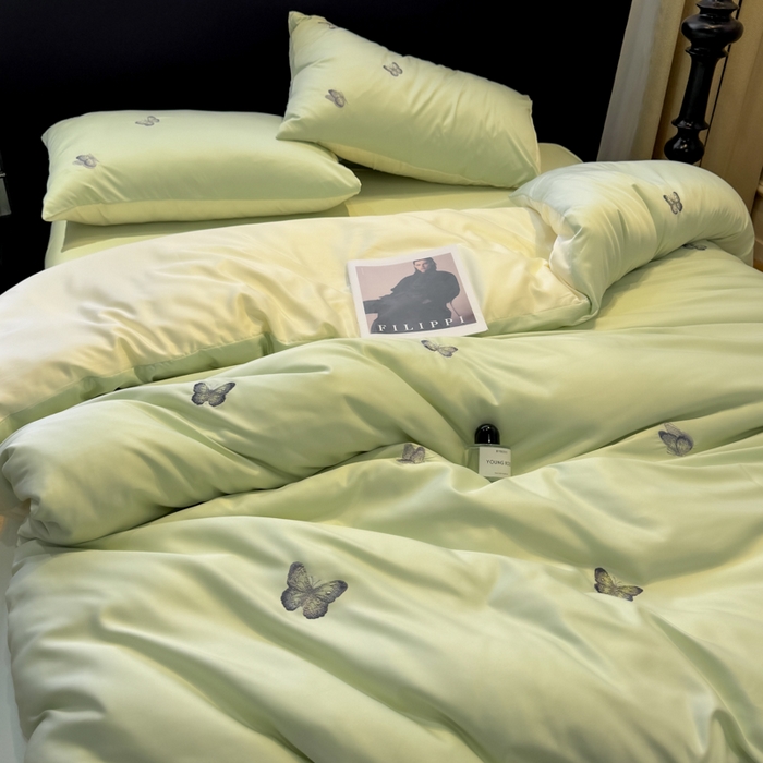 91家纺网 家纺一手货源 找家纺 红嘴企鹅2025新款幻影冰丝四件套-蝴蝶系列 幻影-清新绿