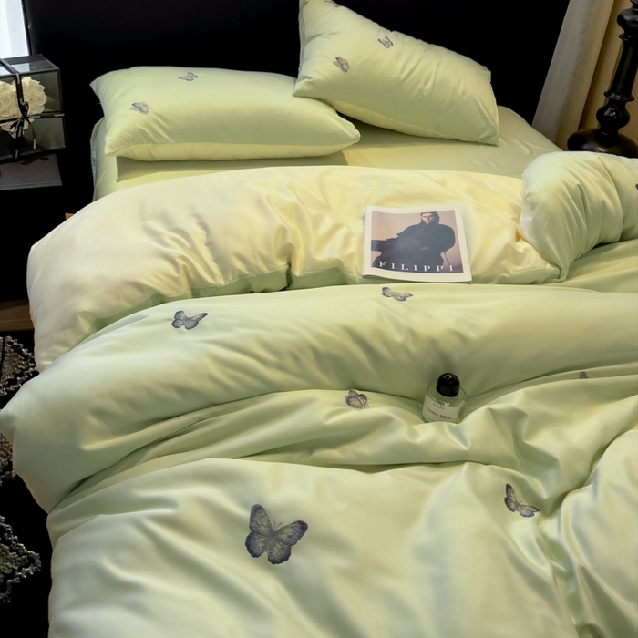 91家纺网 家纺一手货源 找家纺 红嘴企鹅2025新款幻影冰丝四件套-蝴蝶系列 幻影-清新绿