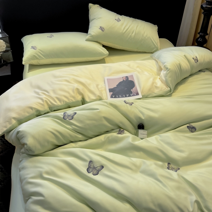 91家纺网 家纺一手货源 找家纺 红嘴企鹅2025新款幻影冰丝四件套-蝴蝶系列 幻影-清新绿