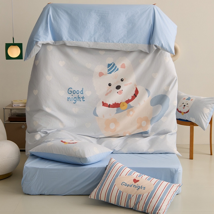 91家纺网 家纺一手货源 找家纺 RYB红黄兰 开学季2025新款ins设计师原创13372大版卡通数码印花40s全棉纯棉三件套四件套 爱心西高地