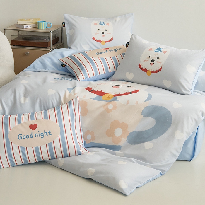 91家纺网 家纺一手货源 找家纺 RYB红黄兰 开学季2025新款ins设计师原创13372大版卡通数码印花40s全棉纯棉三件套四件套 爱心西高地