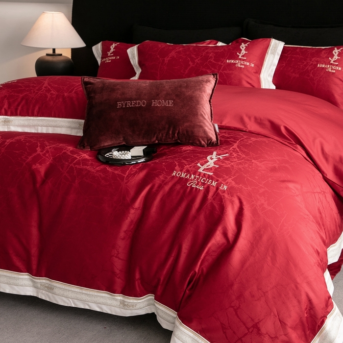 91家纺网 家纺一手货源 找家纺 馨蕊家居 2025新款全棉提花四件套-慕奈 慕奈-温莎红