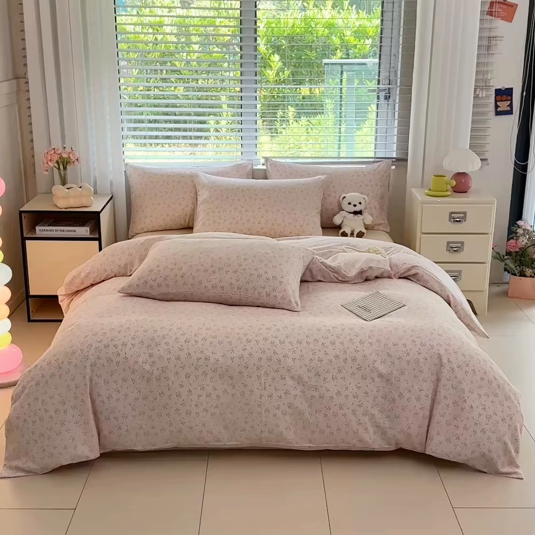 91家纺网 家纺一手货源 找家纺 卓缦家纺 2025新款-A类全棉纯棉双层纱小清新印花单被套单枕套学生单被套 被套单件单枕套 花间絮语