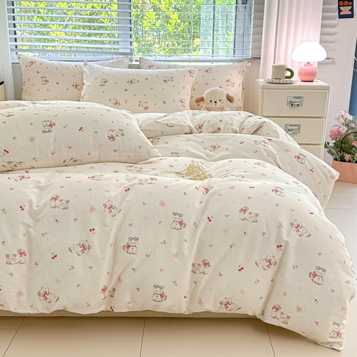 91家纺网 家纺一手货源 找家纺 卓缦家纺 2025新款-A类全棉纯棉双层纱小清新印花单被套单枕套学生单被套 被套单件单枕套 假日甜心猫-米白