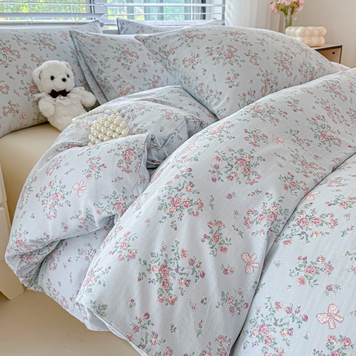 91家纺网 家纺一手货源 找家纺 卓缦家纺 2025新款-A类全棉纯棉双层纱小清新印花单被套单枕套学生单被套 被套单件单枕套 蔷薇梦境