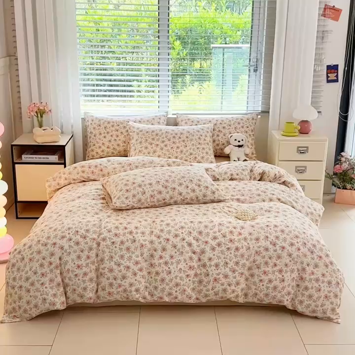 91家纺网 家纺一手货源 找家纺 （总）卓缦家纺 2025新款-A类全棉纯棉双层纱小清新印花单被套单枕套学生单被套 被套单件单枕套