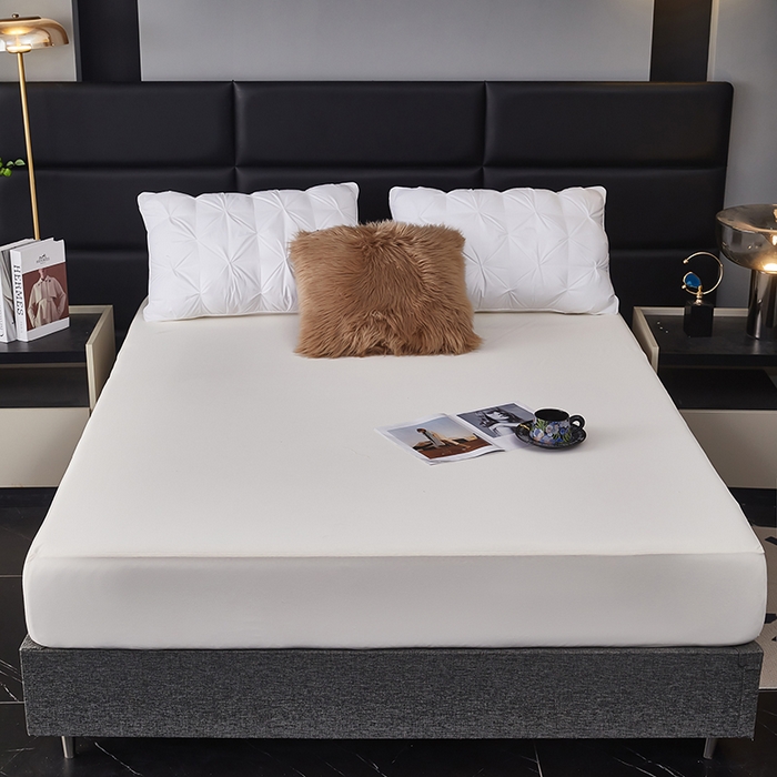 91家纺网 家纺一手货源 找家纺 全美家居 2025新款高克重云柔针织棉防水床笠床笠单件单床笠 奶昔白